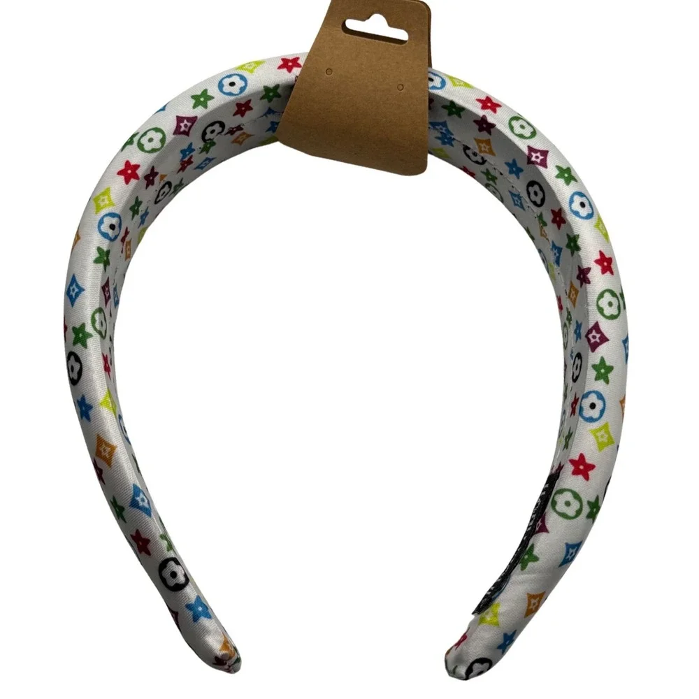 Handmade Padded Headband White Rainbow Monogram Print Satin Finish‎